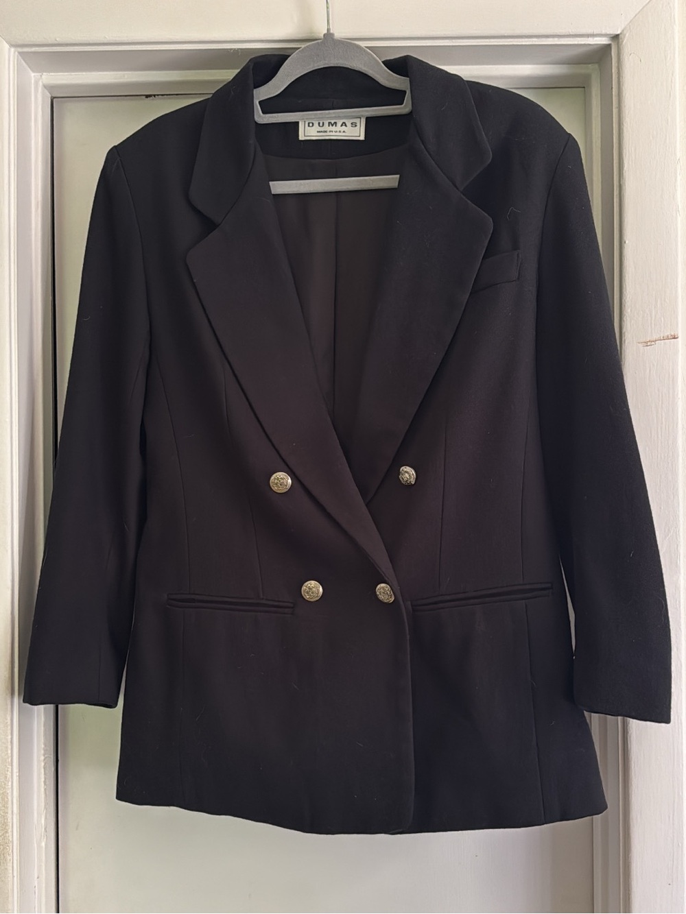 Vintage Pierre Dumas Black Double-Breasted Blazer 100% Wool with Metallic Button